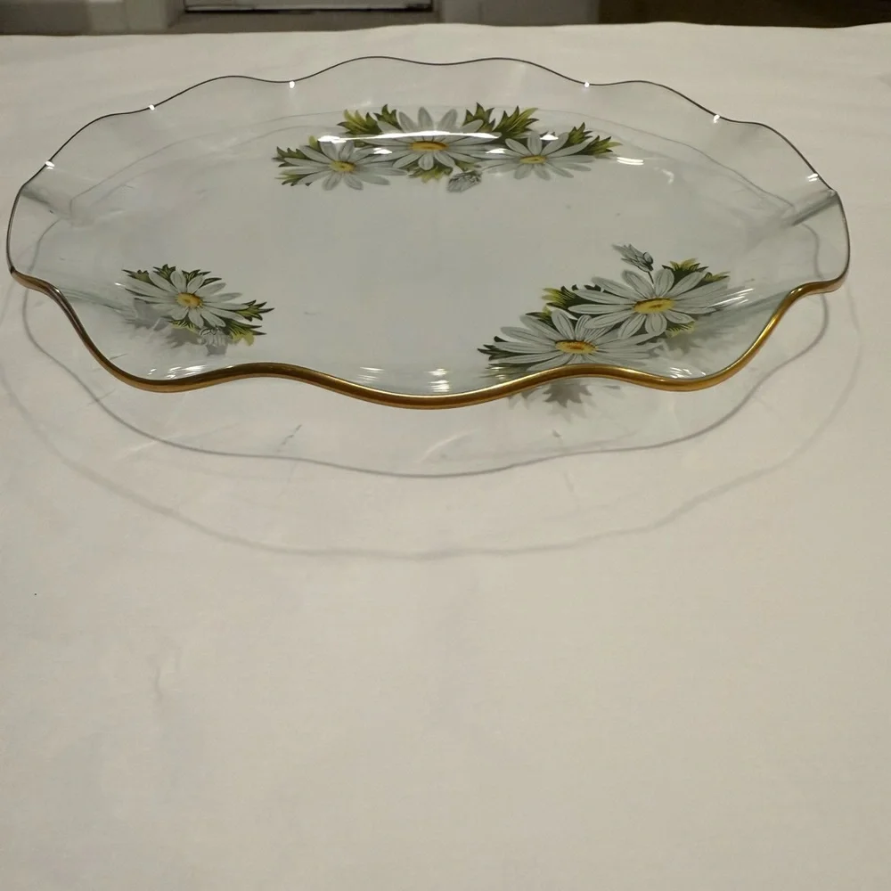 Vintage Pilkington Chance Clear Glass Serving Tray with Daisies & Scalloped Edge